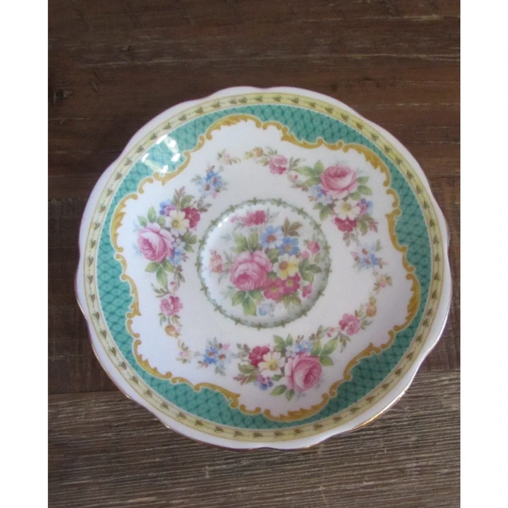 VTG 50's E.B. Foley Windsor Green Lattice Cup Saucer Scalloped Gold Trim England